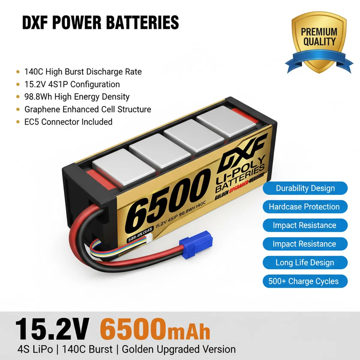 DXF Batterie LiPo 4S 6500mAh 15.2V 140C EC5 - Lot de 2 Packs RC Haute Performance pour Voiture 1/8 1/10 Buggy Truggy Monster Truck - Compatible Modèles RC Course Aventure - Polymère Lithium Durable