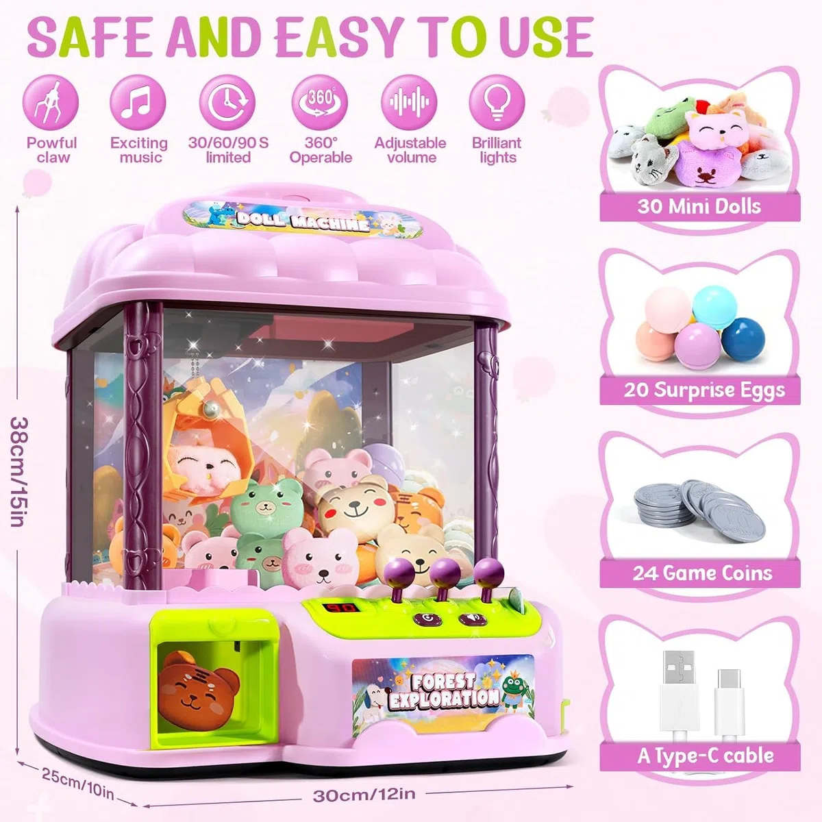 Grande Machine à Pince,30 Jouets,24 Jetons de Jeu et 20 Œufs Surprises | Machines à Pinces pour Enfants, Console de Jeux D'arcade Électronique avec Son Réglable, Cadeau D'anniversaire pour Enfants