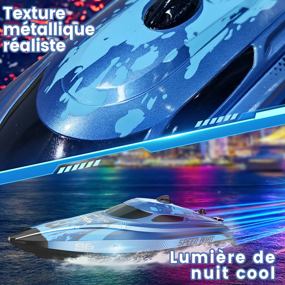 25 KM/H Bateau Télécommandé avec Lumière LED, 2,4 GHz Bateau Telecommandé Enfant, Bateaux Telecommande avec 2 Batteries pour 40 Minutes de Temps de Jeu, Cadeaux d'été pour Garçons et Filles (Bleu)