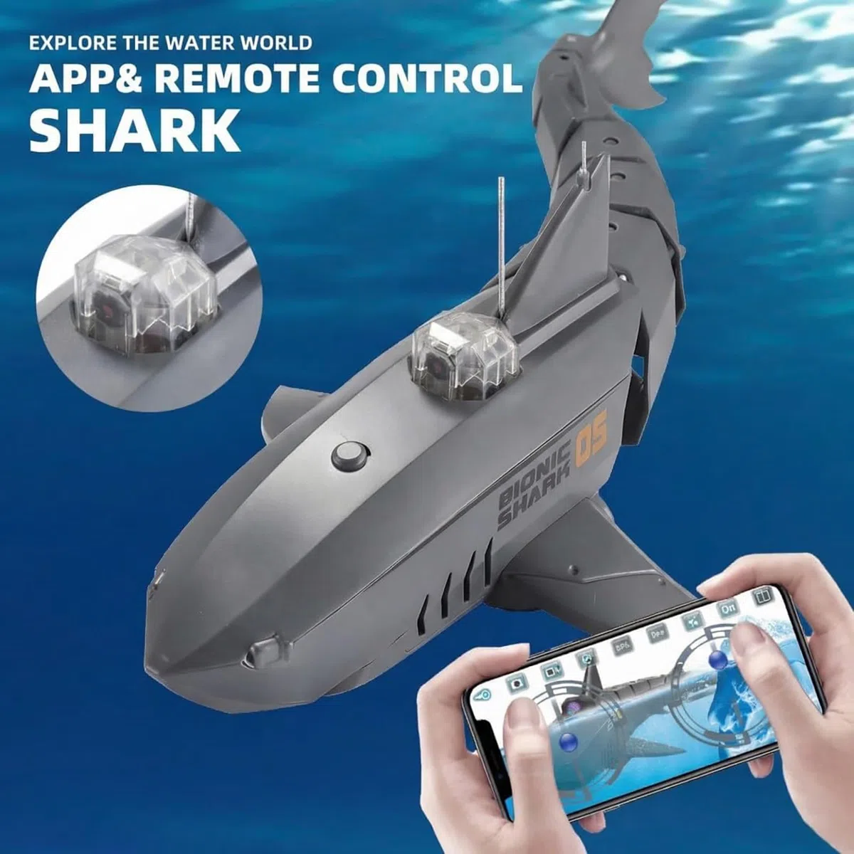 Générique Requin télécommandé avec caméra sous-Marine HD, Bateau Poisson électrique RC 2,4G pour l'eau avec entraînement à Double hélice, contrôle Double APP et télécommande pour Adultes,Gris