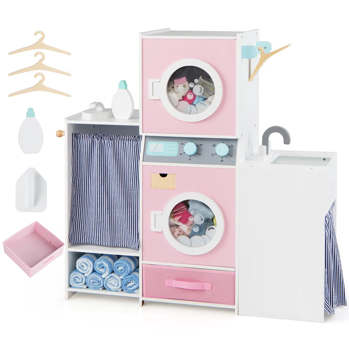 COSTWAY Machine à Laver Enfant avec Fer à Repasser et Lavabo, Buanderie Enfant en Bois avec Tiroir en Tissu Pliable et 3 Cintres, Détergent à Lessive, Jeu de Lave-Linge pour 3 Ans+