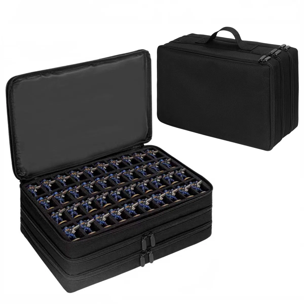 Sac de transport pour figurines miniatures, 120 emplacements pour figurines miniatures compatibles avec les figurines 40K et D&D, étui de rangement miniature avec 3 plateaux en mousse, Noir