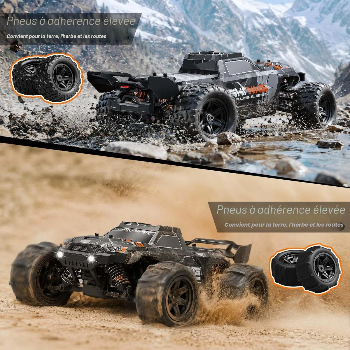 Voiture Télécommandée 1:18 Brushless 4WD Voiture RC 52 km/h pour Adultes & Enfants dès 8 10 Ans, Voiture RC Offroad RTR avec Transmission Métal, 2 Batteries & 2 Jeux de Pneus pour Tout Terrain & Sable