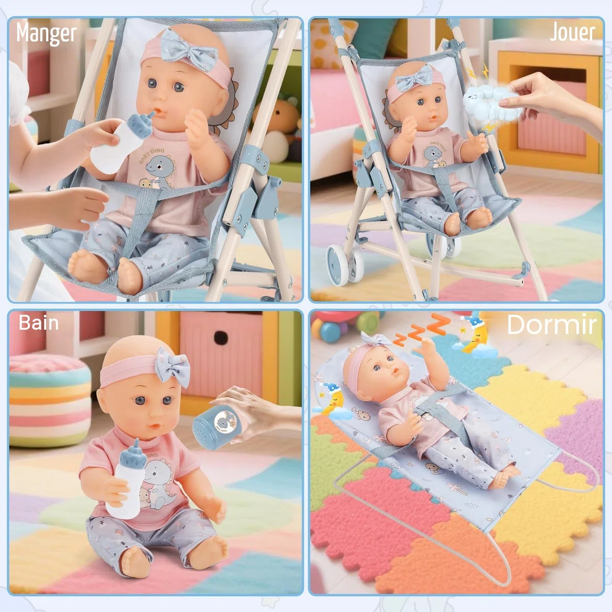 deAO Ensemble Poupée Bébé 30 cm avec Accessoires, Set de Jeu de Rôle 3 Ans+ | Poussette Pliable, Berceau, Lit Pépinière, Chaise Haute, Tapis de Jeu, Sac de Voyage, Plastique Sûr, Assemblage Facile