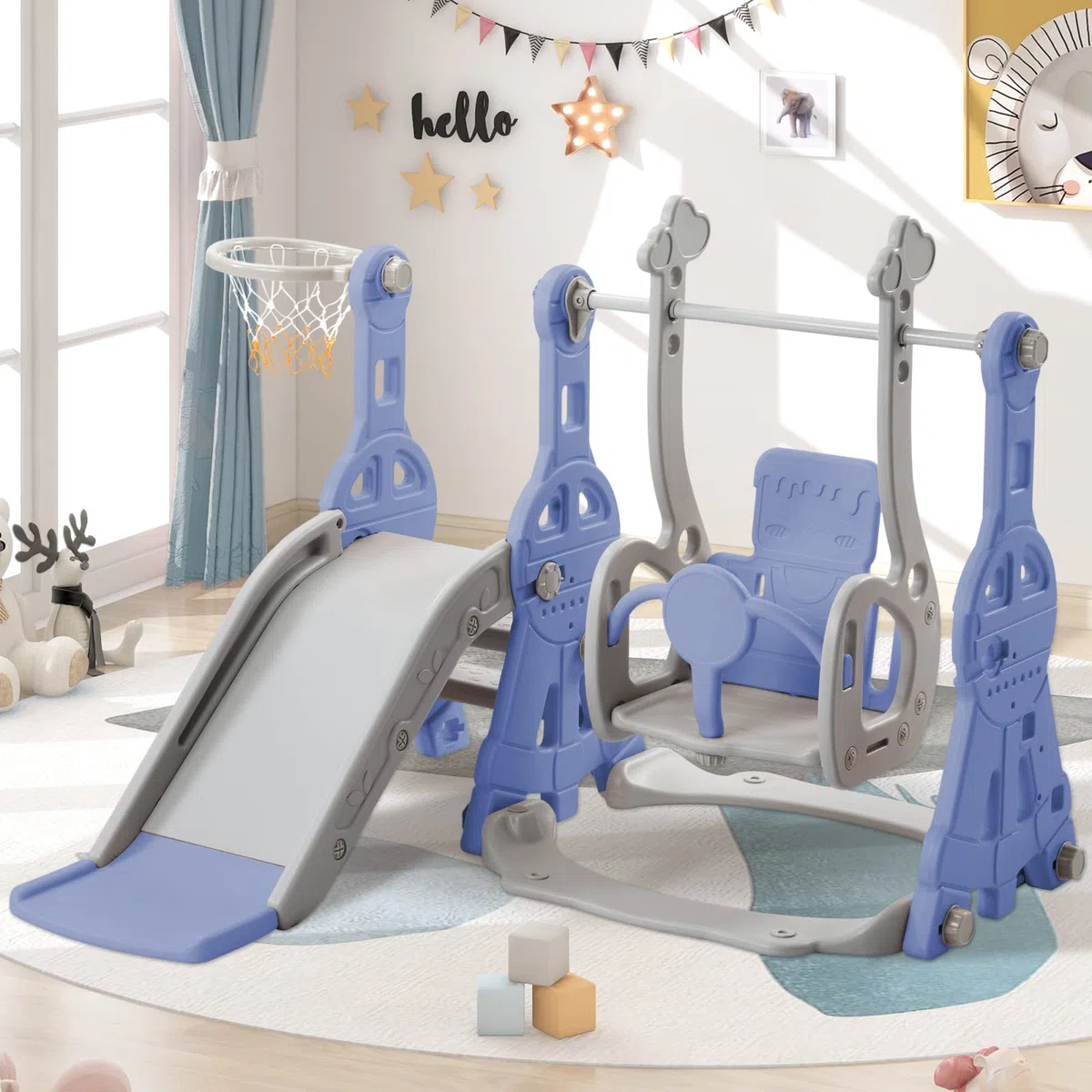 Toboggan pour Enfant 4 en 1,Toboggan Intérieur et Extérieur avec Panier de Basket, Escalier,Balançoire Toboggans autoportant,échelle d'escalade, pour Enfants de 1 à 4 Ans,Bleu,140x118x82cm