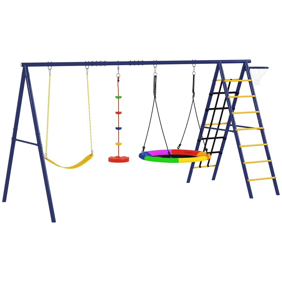 AIYAPLAY Portique Balancoire Exterieur 6 en 1 3 Balançoires Métal 160 kg | Balançoire Enfant Extérieur, Panier de Basket, Échelle d'Escalade et Filet, pour Enfants 3-8 Ans, Multicolore
