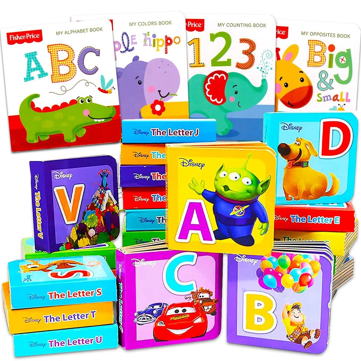 Disney Fisher Price Petits livres de l'alphabet en vrac pour tout-petits et enfants de 2 à 4 ans, 3 à 5 ans, 4 à 6 ans – Ensemble avec 30 mini livres axés sur l'ABC pour l'apprentissage des petits