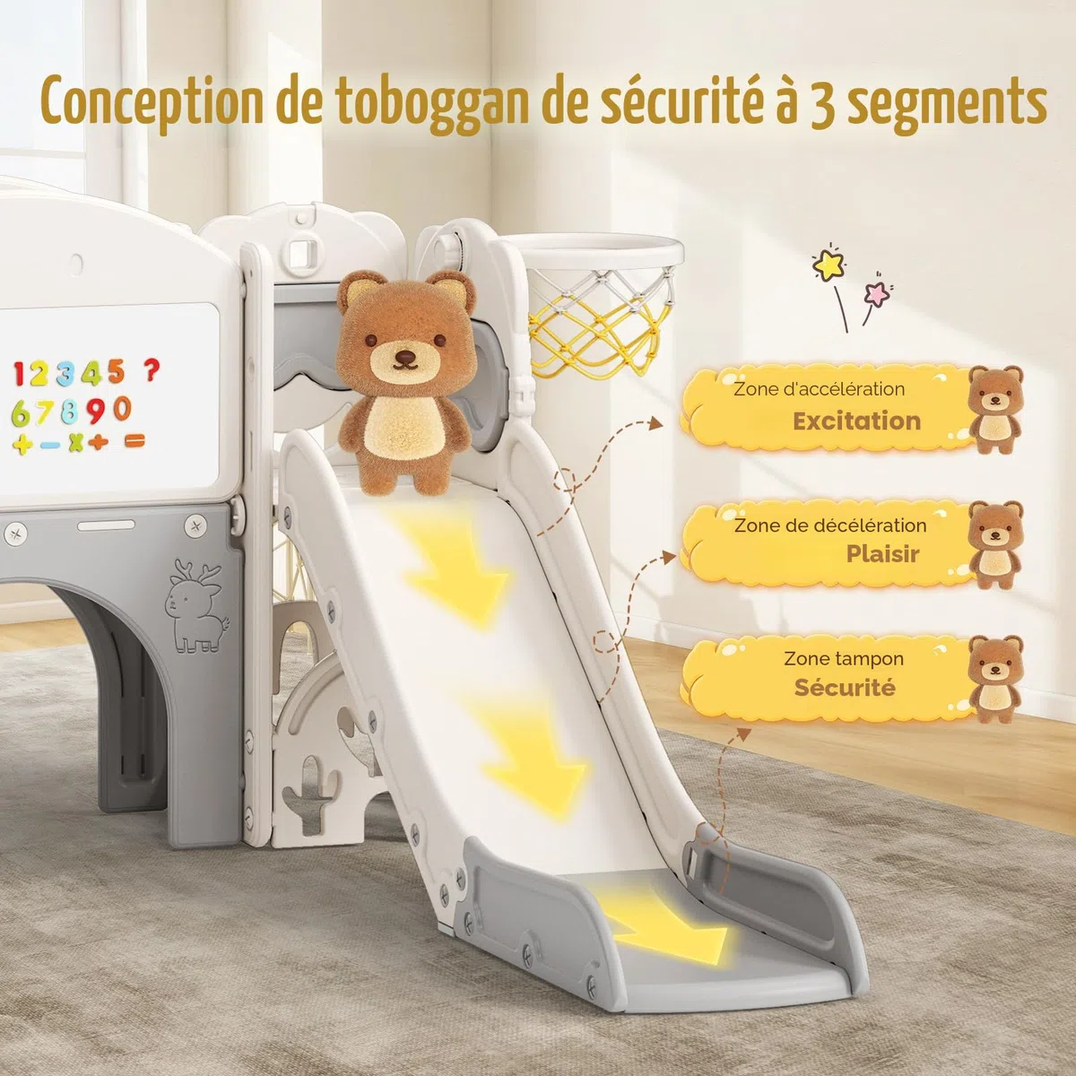 Toboggan 11 en 1 pour tout-petits, toboggan d'intérieur et d'extérieur avec panier de basket, golf, jumelles et espace de rangement, échafaudage sport autoportant pour enfants de 1 à 6 ans (toboggy