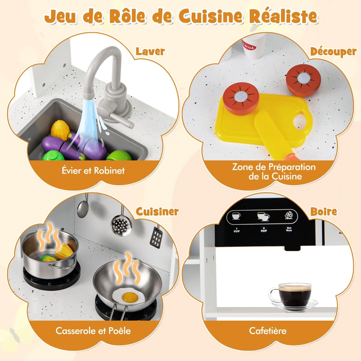 DREAMADE Cuisine d'angle pour Enfants 3+ Ans, Cuisine en Bois avec Sons & Lumières, Téléphone, Micro-Ondes, Cafetière, Machine à Glaçons & Four, Cuisine de Jeu en Bois avec Accessoires (Blanc)
