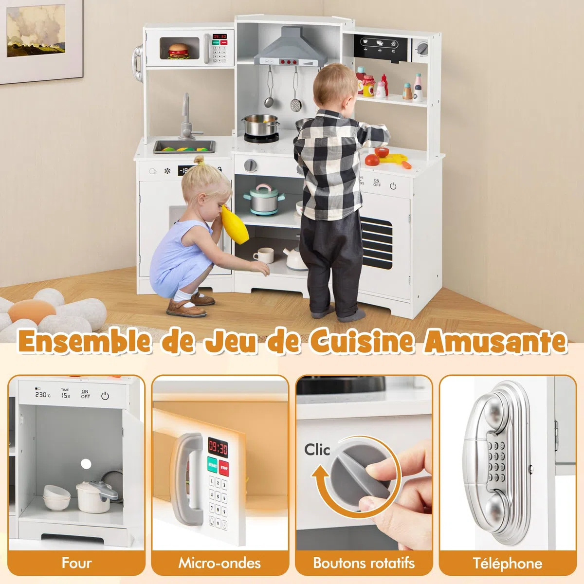DREAMADE Cuisine d'angle pour Enfants 3+ Ans, Cuisine en Bois avec Sons & Lumières, Téléphone, Micro-Ondes, Cafetière, Machine à Glaçons & Four, Cuisine de Jeu en Bois avec Accessoires (Blanc)