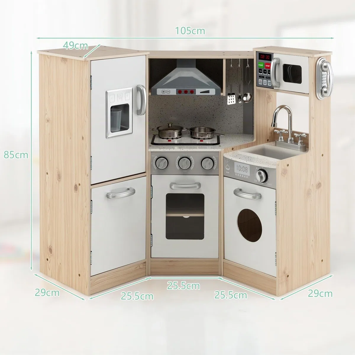 DREAMADE Cuisine Enfant de 3+ Ans, avec Micro-Ondes, Cuisinière, Téléphone, Cuisine en Bois avec 5 Accessoires, Équipé Sonore et Lumineuse, (Blanc + Naturel)
