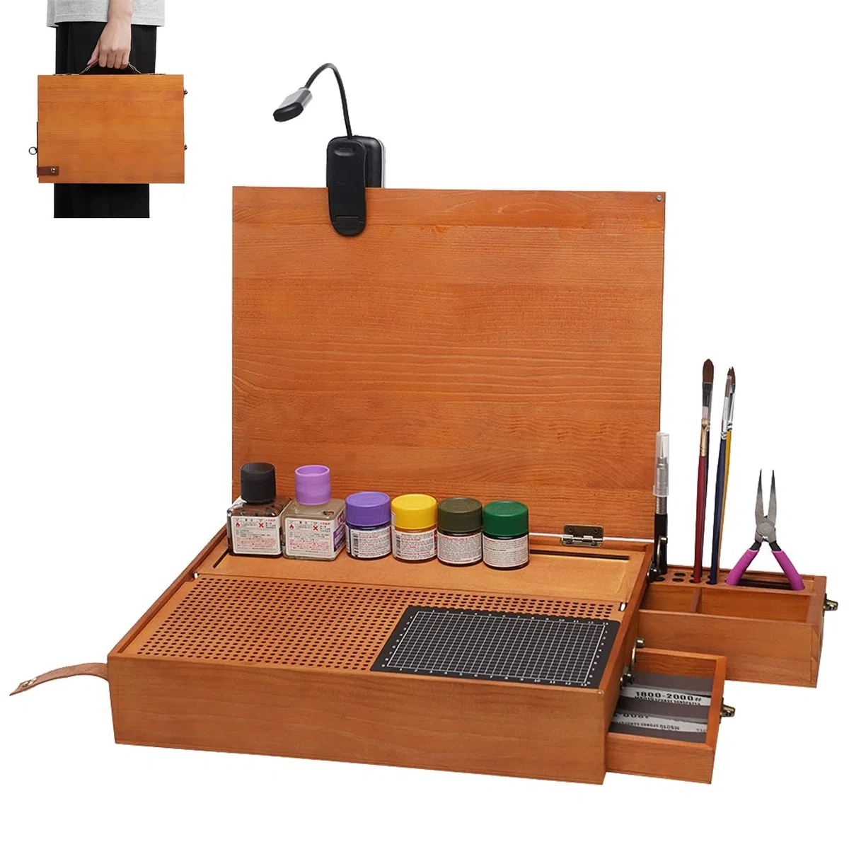 Station de travail pliable pour modélisme avec lumière et tiroir caché, organiseur de bricolage avec tapis de découpe pour atelier de loisirs créatifs
