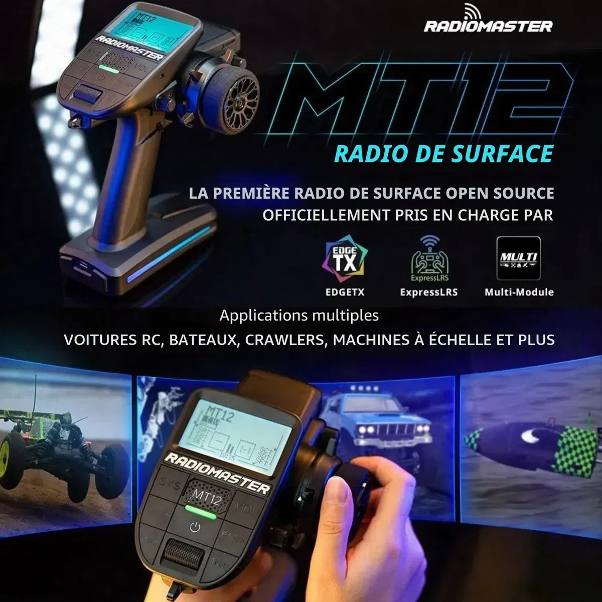 HTLNUZD Radiomaster MT12 Edgetx Contrôleur radio open-source | Multi-protocole 2,4 G 4 en 1 | Pour voitures, bateaux et véhicules de surface | Version améliorée