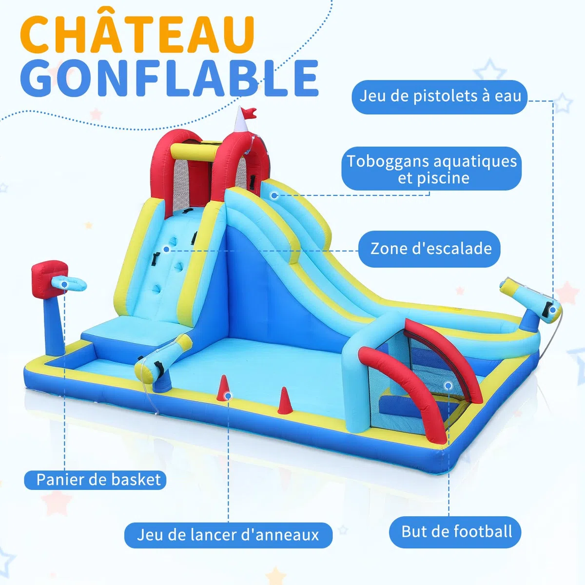 LEADZM Château Gonflable sur Le Thème du Sport avec Souffleur, Buts de Football, Paniers de Basket, Longue Barrière de Toboggan et Aire de Jeux d'ea, 400 * 305 * 225cm