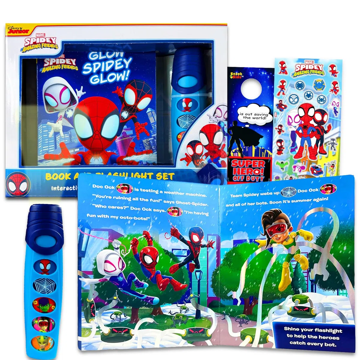Spidey and His Amazing Friends Lampe de poche et livre pour enfants – Ensemble interactif d'histoire avec livre d'aventure et lampe de poche à 5 sons plus autocollants, plus | Spidey Sound Book