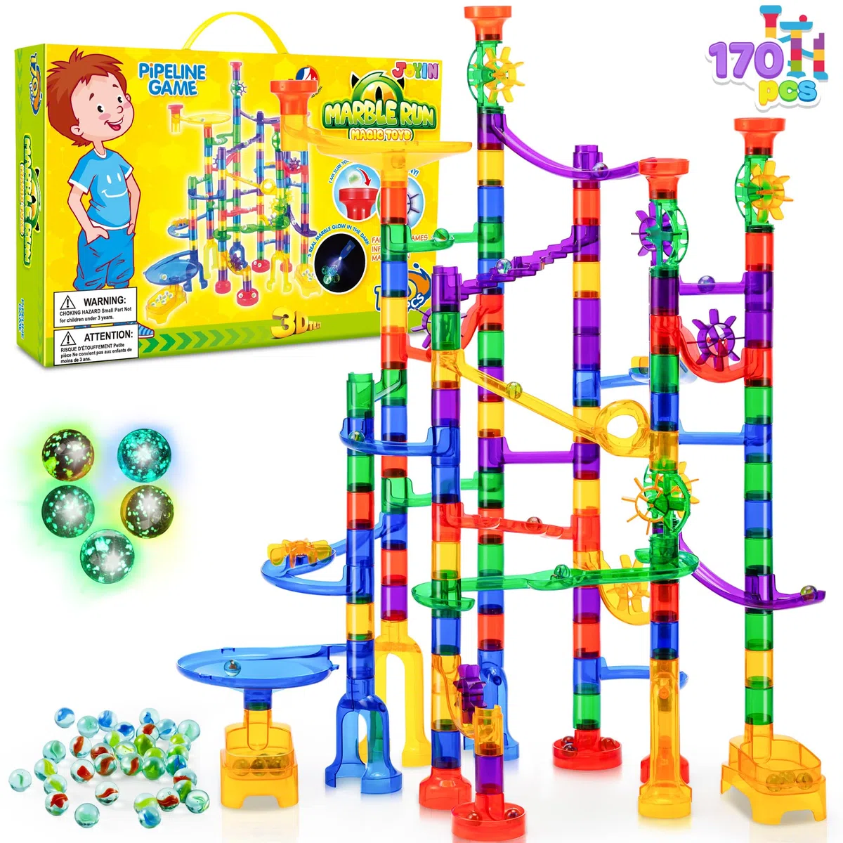 JOYIN Circuits de Billes Ensemble de Marble Run (170 pièces), Jouet de Bloc de Construction Educatif STEM (120 pièces en Plastique + 50 Billes de Verre)