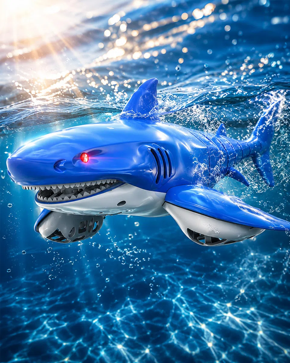 KOKODI Requin Robot télécommandé Lumineux pour Enfants dès 3 Ans – Jouet Aquatique étanche pour Piscine et Bain d'été, télécommande imperméable, Cadeau d'anniversaire Mixte garçon Fille