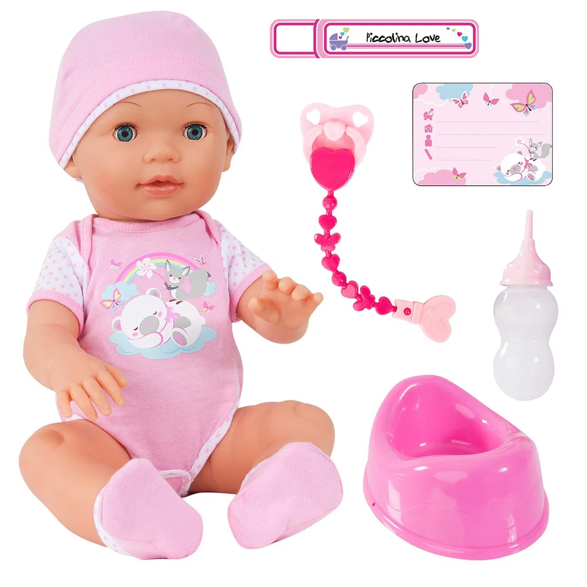Bayer Design Poupée 42 cm, Parle, Fait Pipi, cligne des Yeux, Accessoires | poupon Interactif Piccolina Love avec fonctionnalités, biberon, tétine, attache-tétine, pot, certificat de naissance