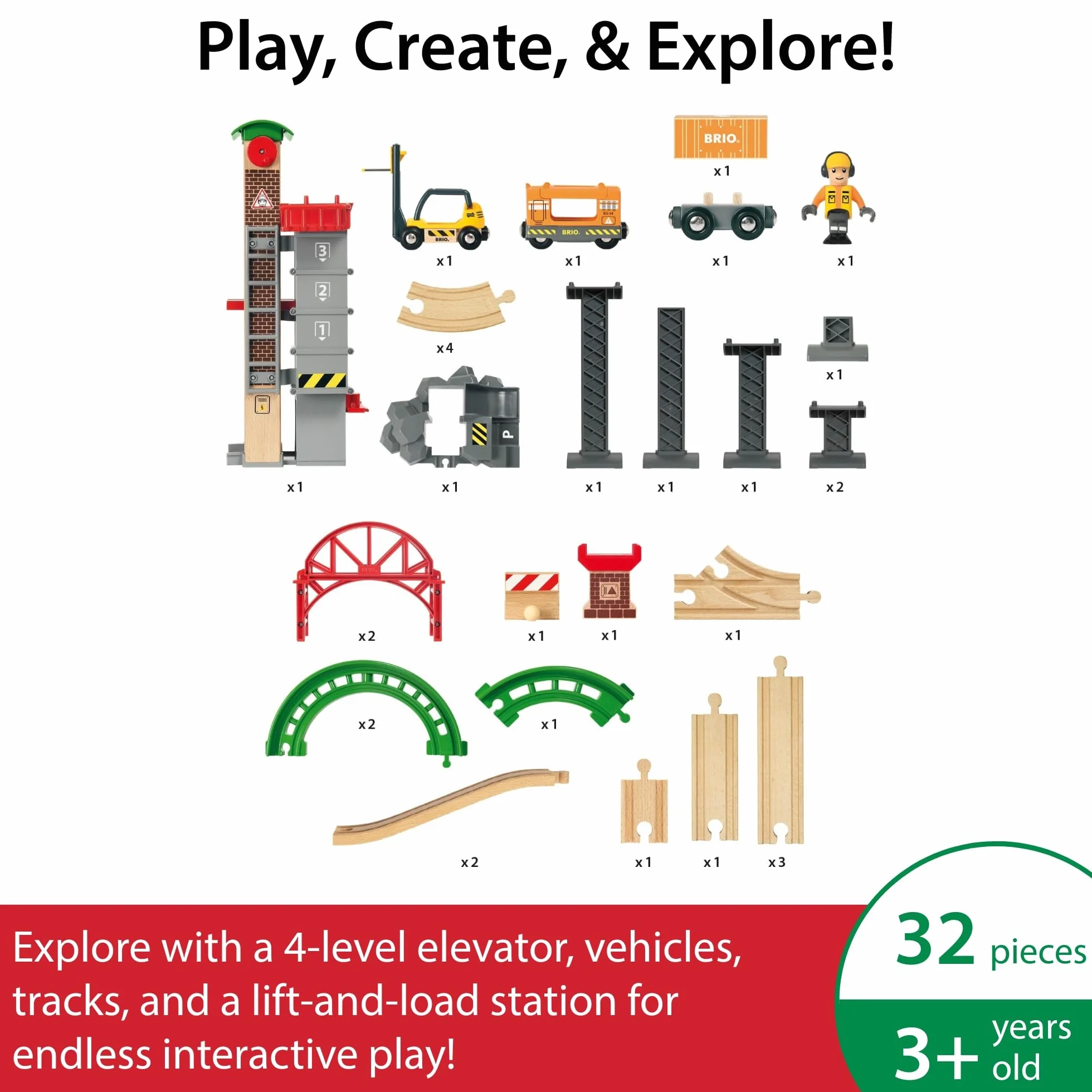 Brio World - 33887 - Grand Circuit Plateforme Multimodale - Coffret Complet de 32 pièces avec Ascenseur à véhicule - Circuit de Train en Bois - Jouet Mixte dès 3 Ans