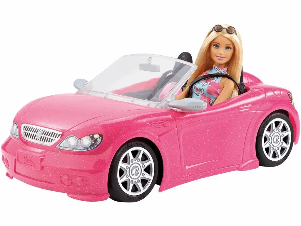 Barbie Voiture Cabriolet Rose, décapotable avec Deux sièges Noirs, Ceintures et rétroviseurs argentés, poupée Incluse, Jouet pour Enfant, FPR57