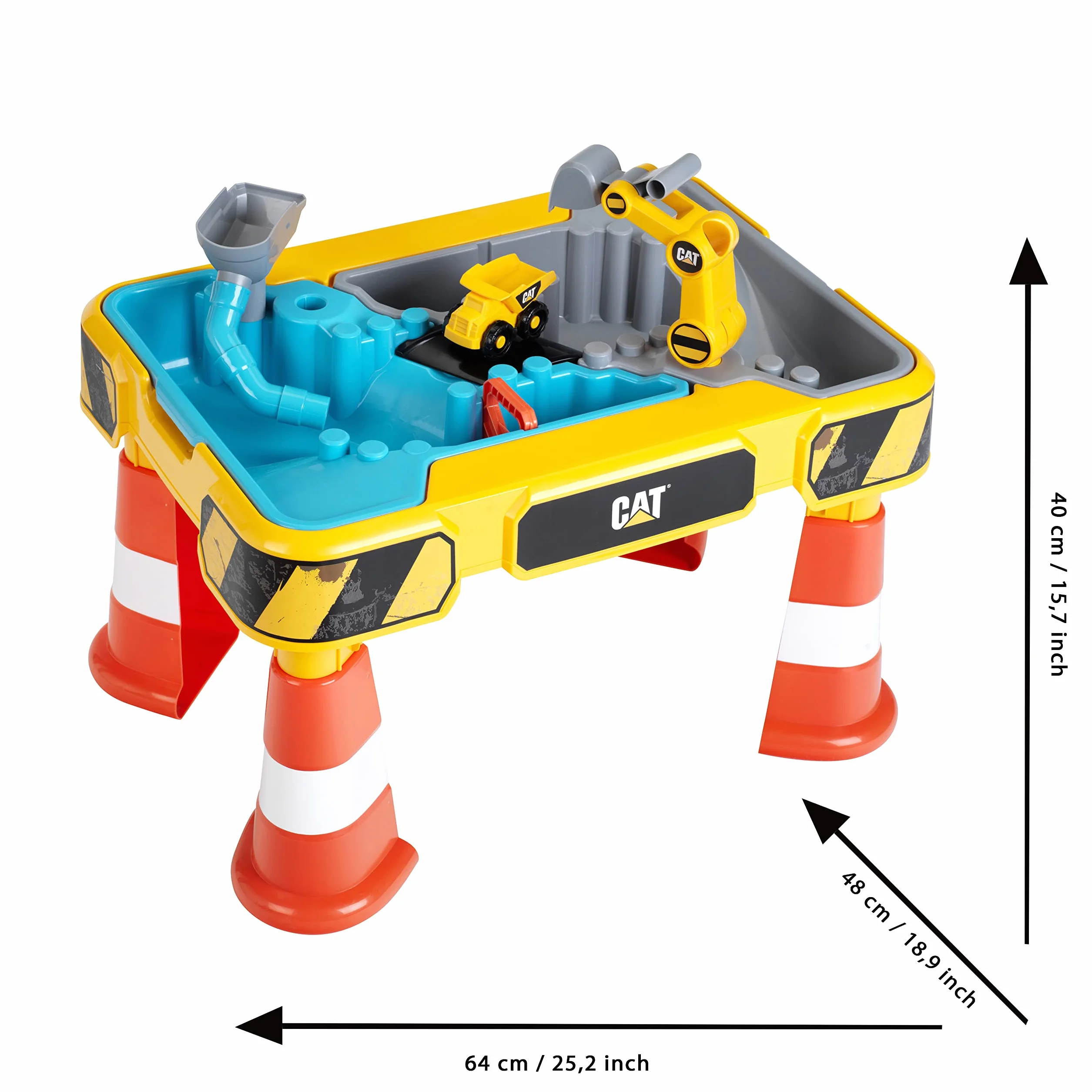 klein 3237 Table de Jeu Cat Sable et Eau, avec Bras de Pelleteuse, Benne, 2 tuyaux, stoppeurs et bassins Amovibles, Dimensions : 64 cm x 48 cm x 40 cm, Jouet pour Enfants à partir de 18 Mois