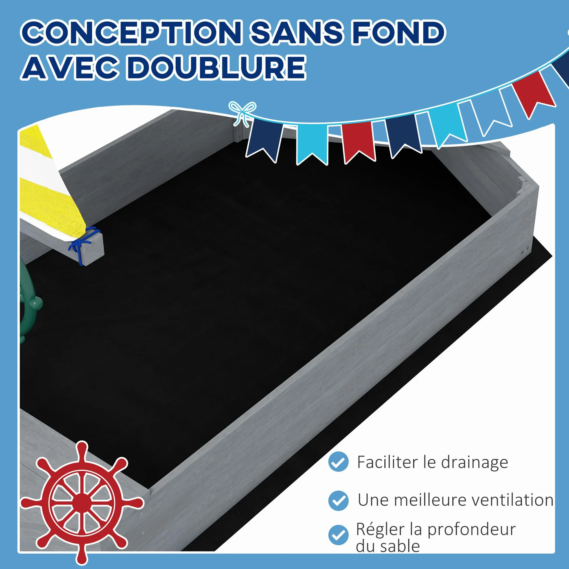 Outsunny Bac à Sable Enfant extérieur en Bois avec sièges, gouvernail | Drapeau, de 3 à 8 ans, capacité de sable 330 kg, gris foncé