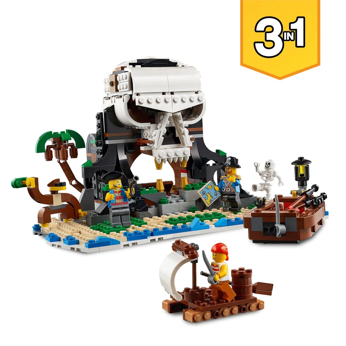 LEGO 31109 Creator Bateau Pirate 3en1: Jouet de Construction d'Aventure, Éducatif et Créatif, Transformable en Auberge & Île au Crâne, pour Enfants de 9 Ans et Plus