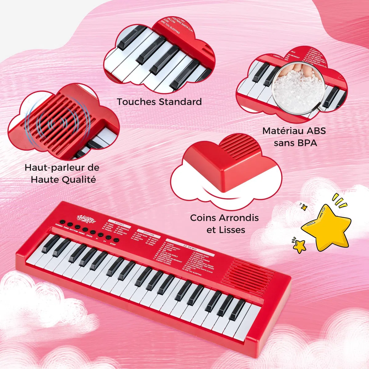 COSTWAY Clavier Piano Enfants 37 Touches avec Microphone, Piano Numérique Portable avec 8 Rythmes, 8 Tonalités, 22 Démos, Haut-parleurs, Jouet Musical Éducatif pour Garçons Filles 3 Ans+ (Rouge)