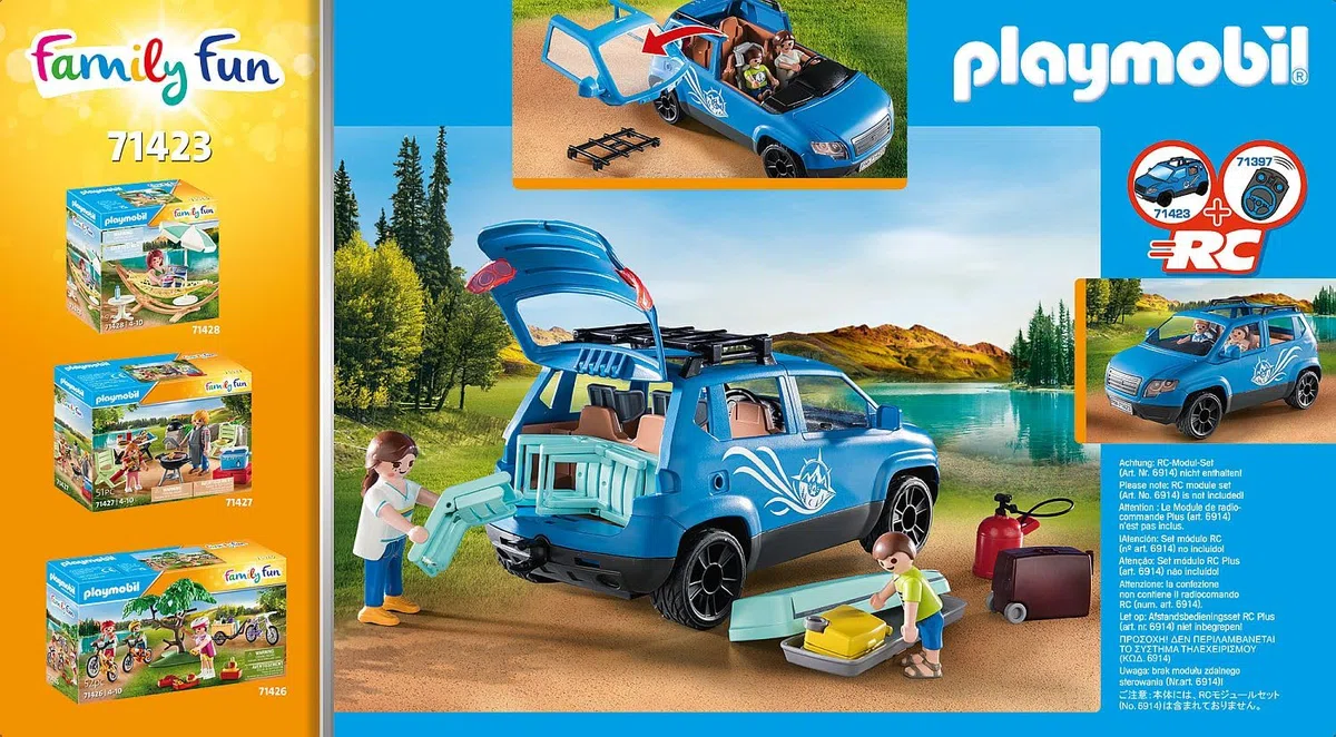 Playmobil 71423 Famille avec Voiture et Caravane - Family Fun - Camping en Nature en Famille - Comprend Quatre Personnages, Une Voiture décapotable avec Coffre Amovible et Une Caravane - Dès 4 Ans