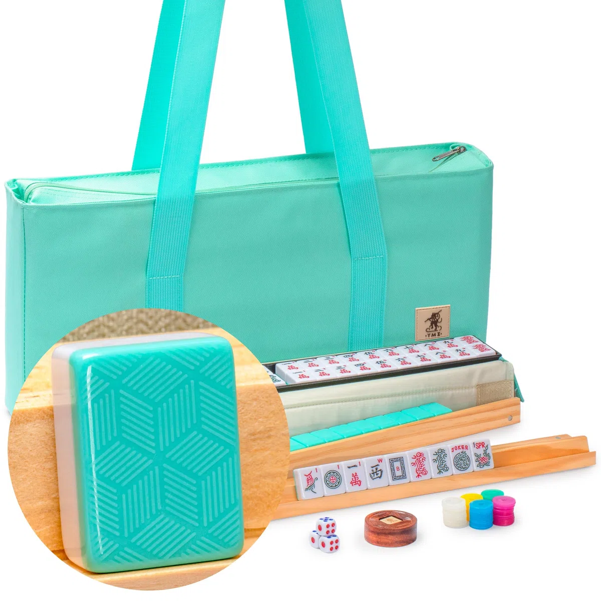 Yellow Mountain Imports Ensemble de mahjong américain, poivre avec étui souple vert poivre, 4 supports tout-en-un avec poussoirs, pièces de monnaie Wright Patterson, dés et indicateur de vent