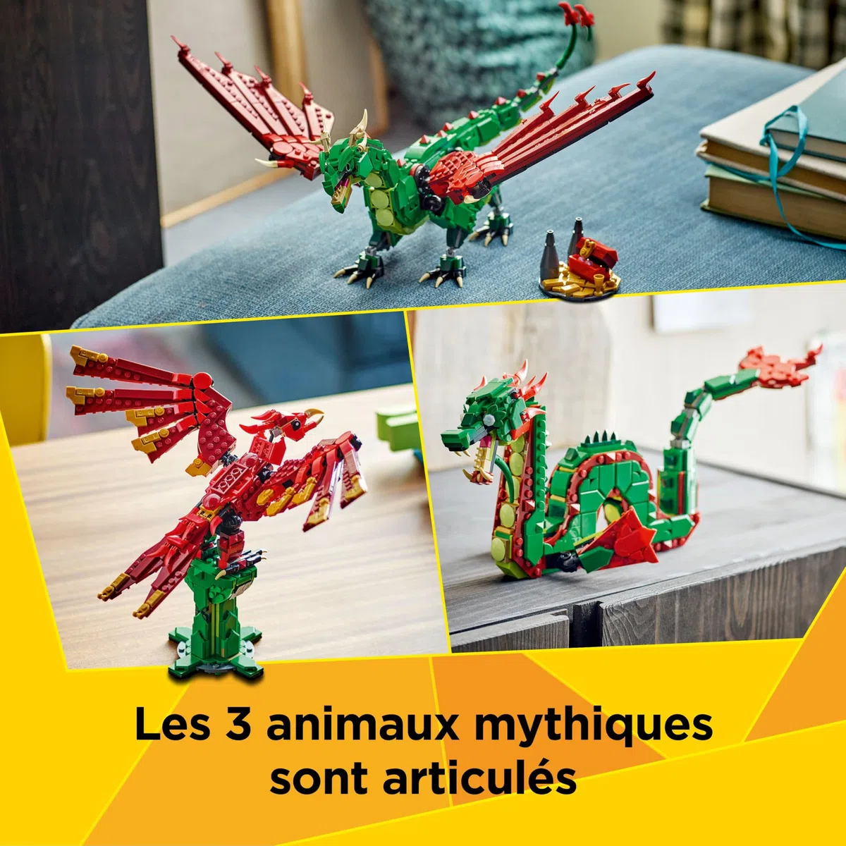 LEGO Creator 3-en-1 Le Dragon médiéval - Se transforme en Serpent de mer ou en phénix - Jeu de Construction pour garçons et Filles Amoureux des Animaux - Idée de Cadeau d’Anniversaire dès 9 Ans 31161