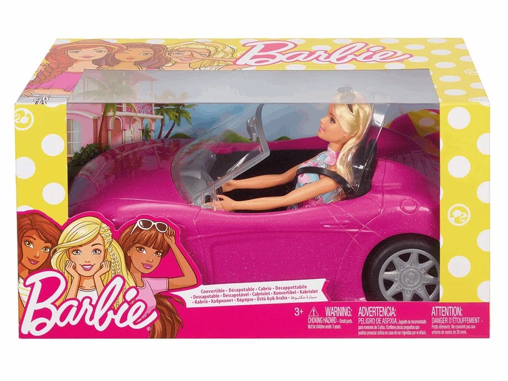 Barbie Voiture Cabriolet Rose, décapotable avec Deux sièges Noirs, Ceintures et rétroviseurs argentés, poupée Incluse, Jouet pour Enfant, FPR57
