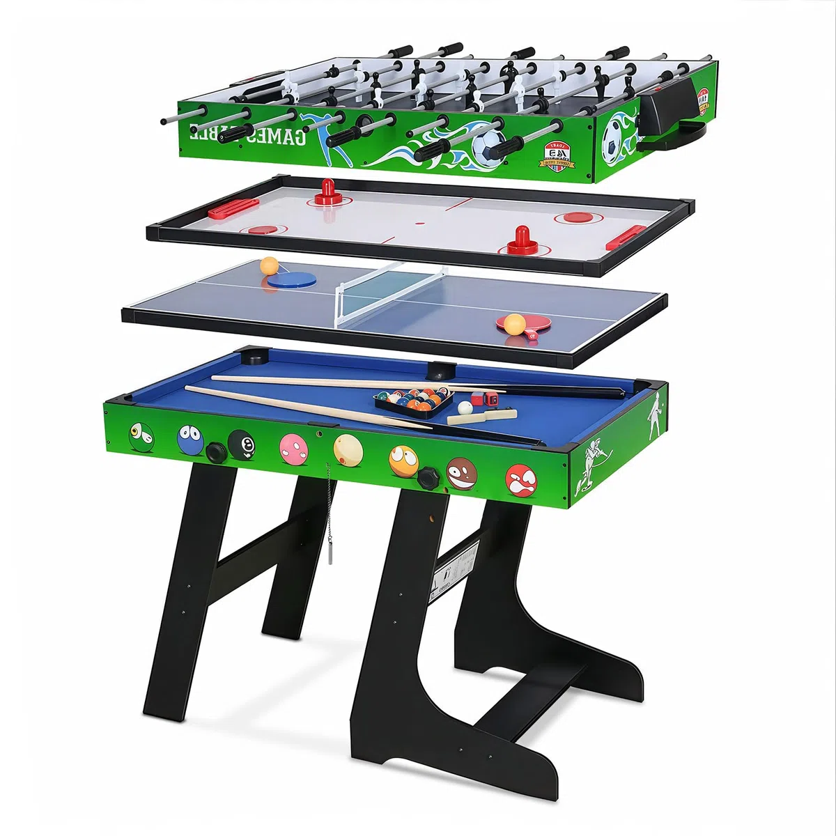 Table multijeux 4 en 1 - Babyfoot de 1,2 m/Air Hockey/Ping-Pong avec Accessoires/Billard Pliable - Idéal pour Une soirée Jeux en Famille en intérieur (103 x 58 x 73 cm).