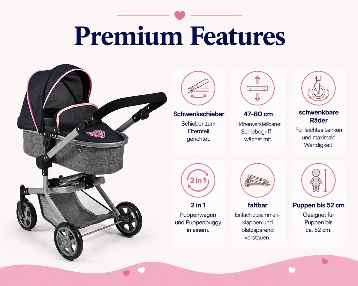 Bayer Chic 2000 Poussette poupée Mika 2 en 1 Pliable et réglable | Poussette poupée 2 en 1 pliable avec poignée réglable (47-80 cm), pour poupées jusqu'à 52 cm.