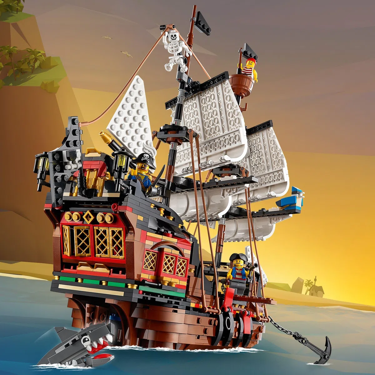 LEGO 31109 Creator Bateau Pirate 3en1: Jouet de Construction d'Aventure, Éducatif et Créatif, Transformable en Auberge & Île au Crâne, pour Enfants de 9 Ans et Plus