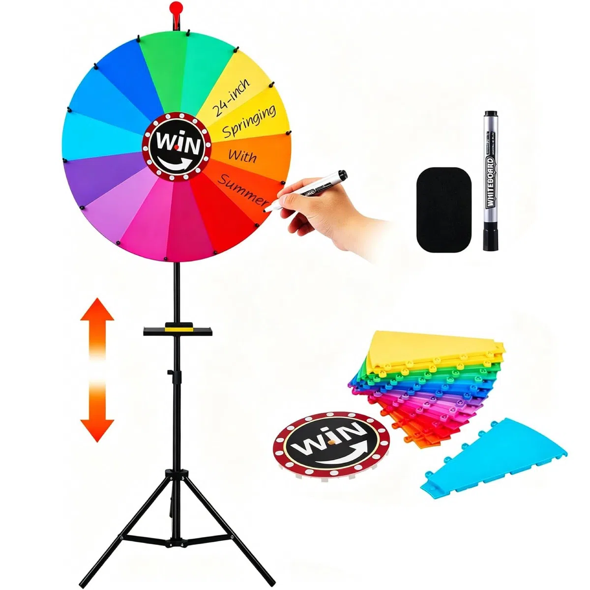 Roue porte-bonheur de 60 cm à tourner, 14 emplacements, jouet avec marqueur effaçable à sec et gomme, roulette pour fête, loterie, foire et promotion des ventes