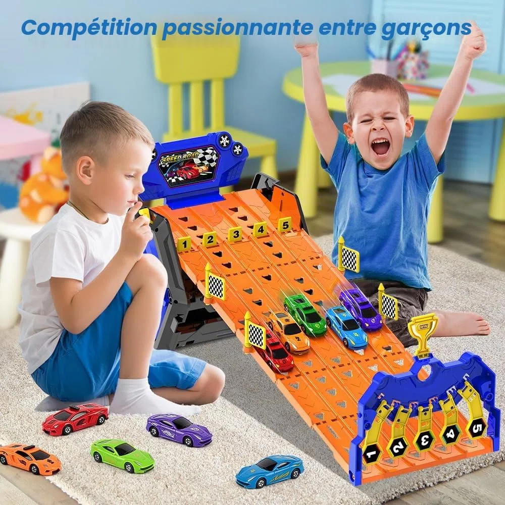 VATOS Camion de Transport Amélioré sur 5 Voies, Jouets Voitures pour Garçons Âgés de 3 4 5 6 7 8, Camion de Course Portable Jouet avec 5 Voitures, Ensemble de Camions Porte-Conteneurs pour Enfants
