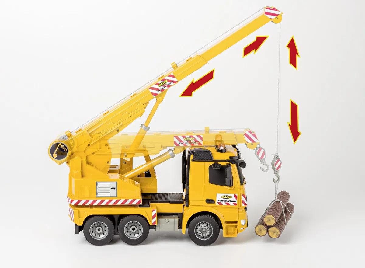 Carson 500907666 1:20 MB Arocs Camion-Grue 100% RTR - Véhicule télécommandé, Camion avec Fonctions Son et lumière, Batteries et radiocommande incluses, 30 Minutes de Conduite
