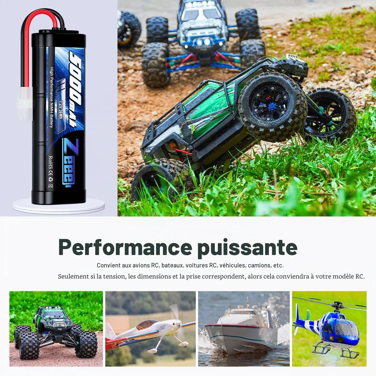 Zeee 7,2V 5000mAh RC NiMH Batterie avec Prise Tamiya pour Voiture RC Camion HPI Losi Kyosho Tamiya Hobby (2 Paquets)
