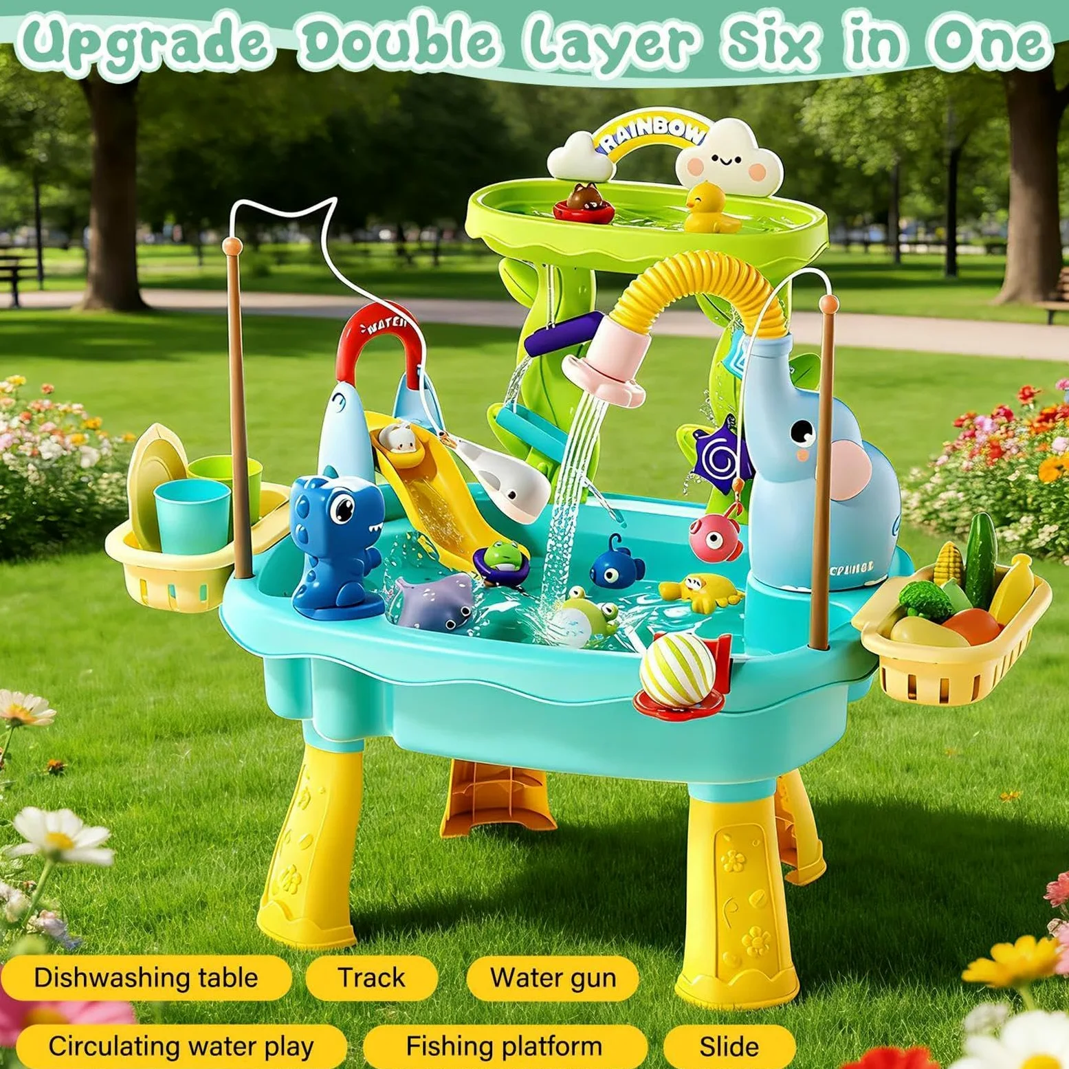 Table d'Eau Enfant Électrique avec Pompe, 4 en 1 Évier Jouet avec Eau Courante, Table d'Activité Sable et Eau avec Jeu de Pêche et Accessoires, Jouet Extérieur pour Fille Garçon 1-8 Ans, 60x43x48cm