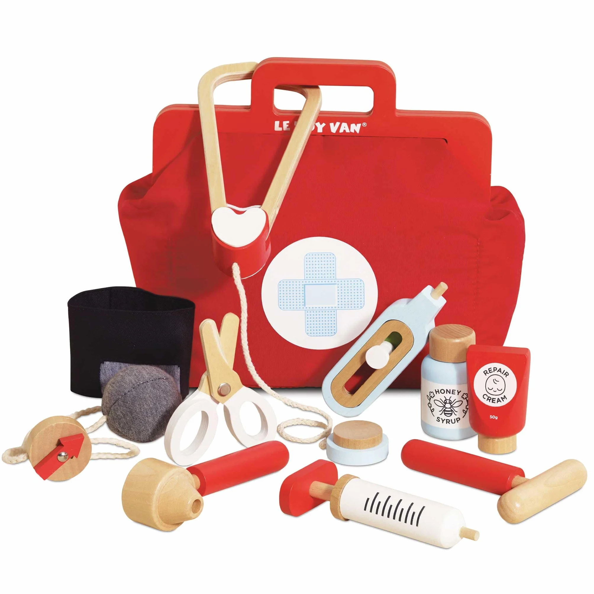 Le Toy Van Arztkoffer aus Holz, Lernspiel für Kinder, 3 Jahre, Montessori-Spielzeug, komplette Arzttasche aus Stoff, 10 Teile, inklusive Zubehör, FSC-zertifiziertes Holz