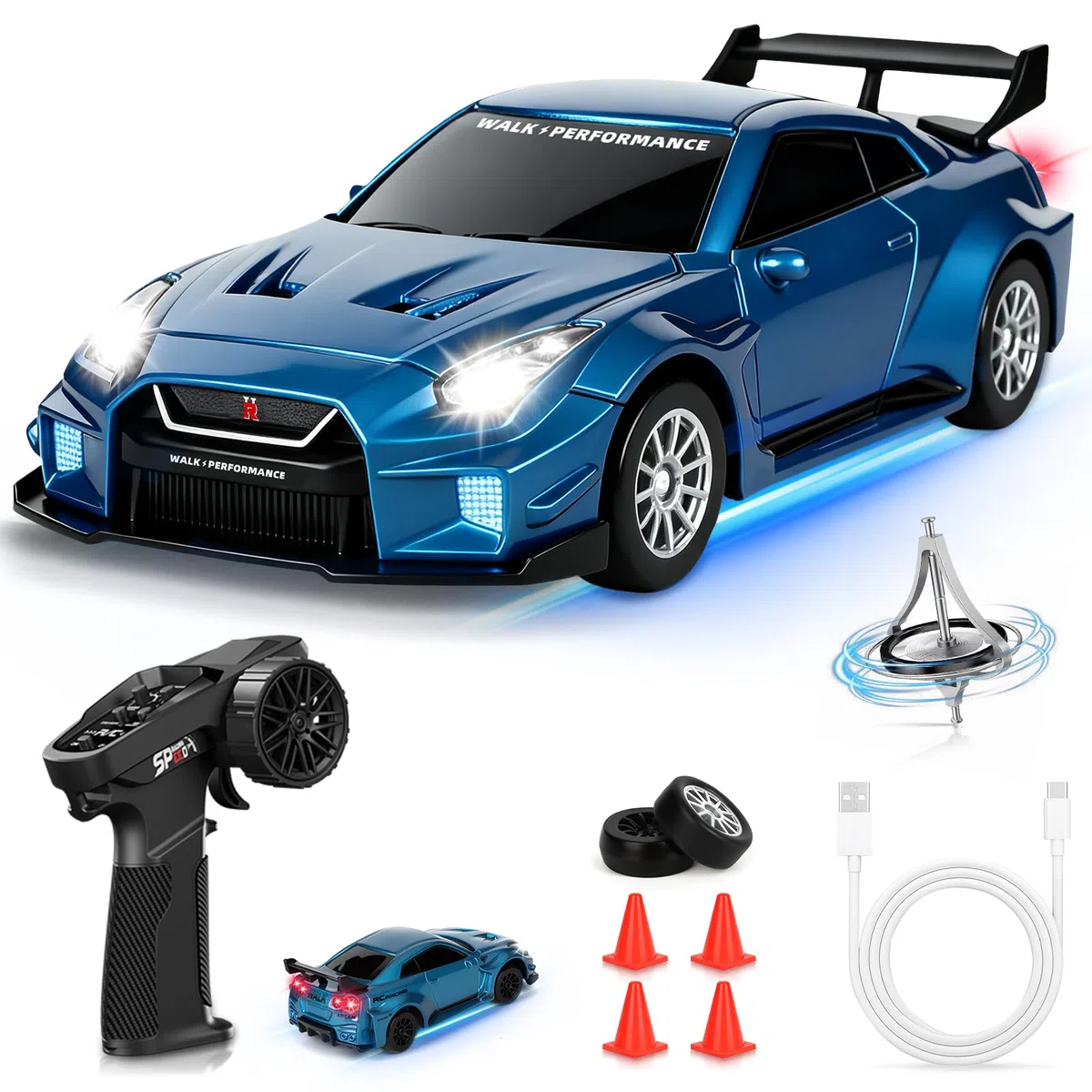 YOOHBERRYS Voiture Télécommandée Drift Pro, 1:43 Mini RC Drift Car, 4WD Dérive Car, Mini Voiture Télécommandée avec Gyros, Lumière LED, 15km/h, Cadeau de Jouet pour Les Enfants de 14+ Ans (Bleu)