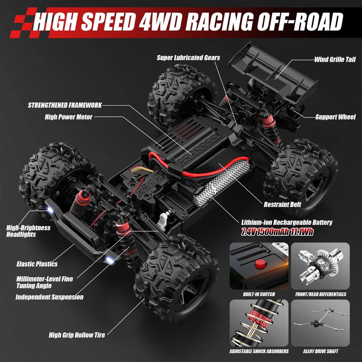 Voiture Télécommandée 40 KM/H, 1:18 Voiture Télécommandée Tout Terrain avec LED, 4WD Voiture RC Drift Car Rapide, 2,4 GHz Buggy Telecommande avec Batterie pour Adulte Fille Garcon Enfant
