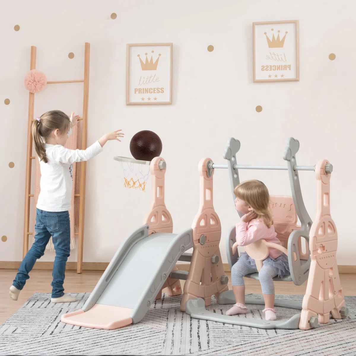 Toboggan d'intérieur à partir de 1, 2, 3, 4, 5 ans, aire de jeu 4 en 1 pour tout-petits avec support de basket-ball, échelle d'escalade, toboggan à bascule, toboggan de jardin pour aventures