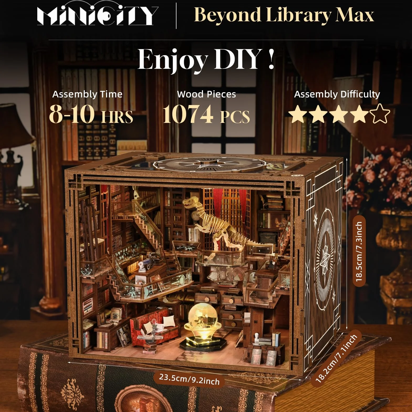 MiniCity Book Nook Kit - DIY Maison de poupée Miniature - Kit Booknook - Puzzle 3D en Bois - Serre-Livres - Décoration avec lumière LED - pour Adolescents et Adultes (Beyond Library Max)