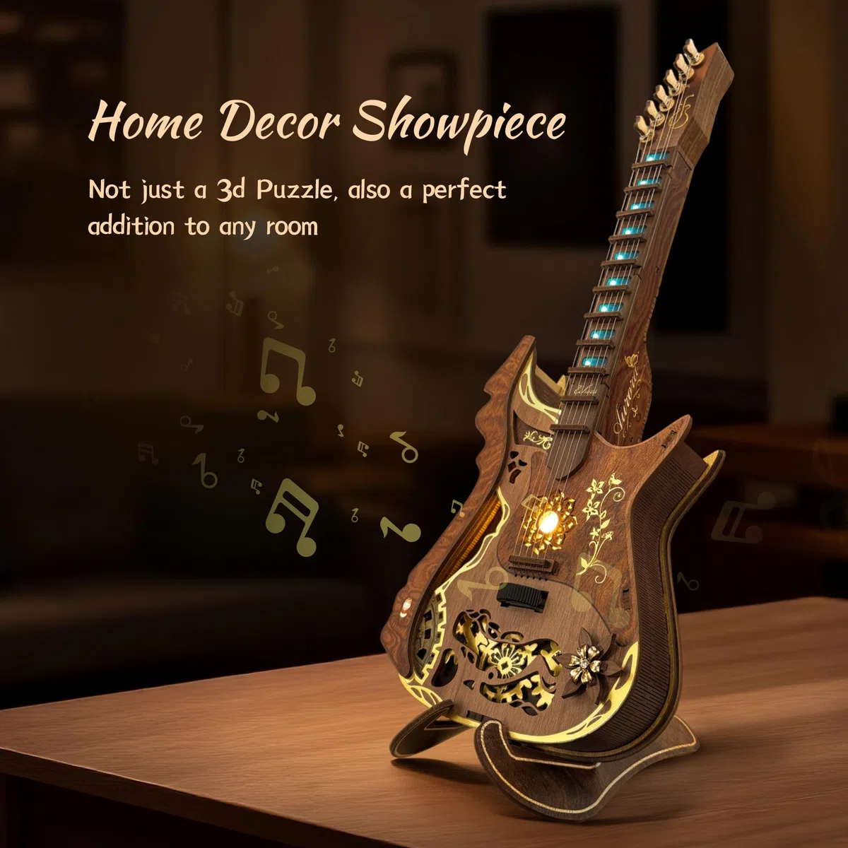 FUNPOLA Puzzle 3D en Bois Guitare à accords LED Kit – Modèle de Guitare Acoustique jouable avec lumières LED, Puzzle mécanique Musical DIY pour Adultes et Adolescents