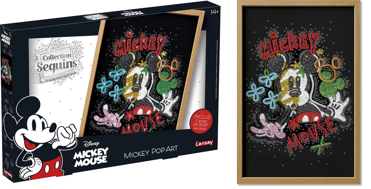 Lansay - Sequins XXL Disney Mickey Pop Art - Cadre en Bois - Dès 14 Ans