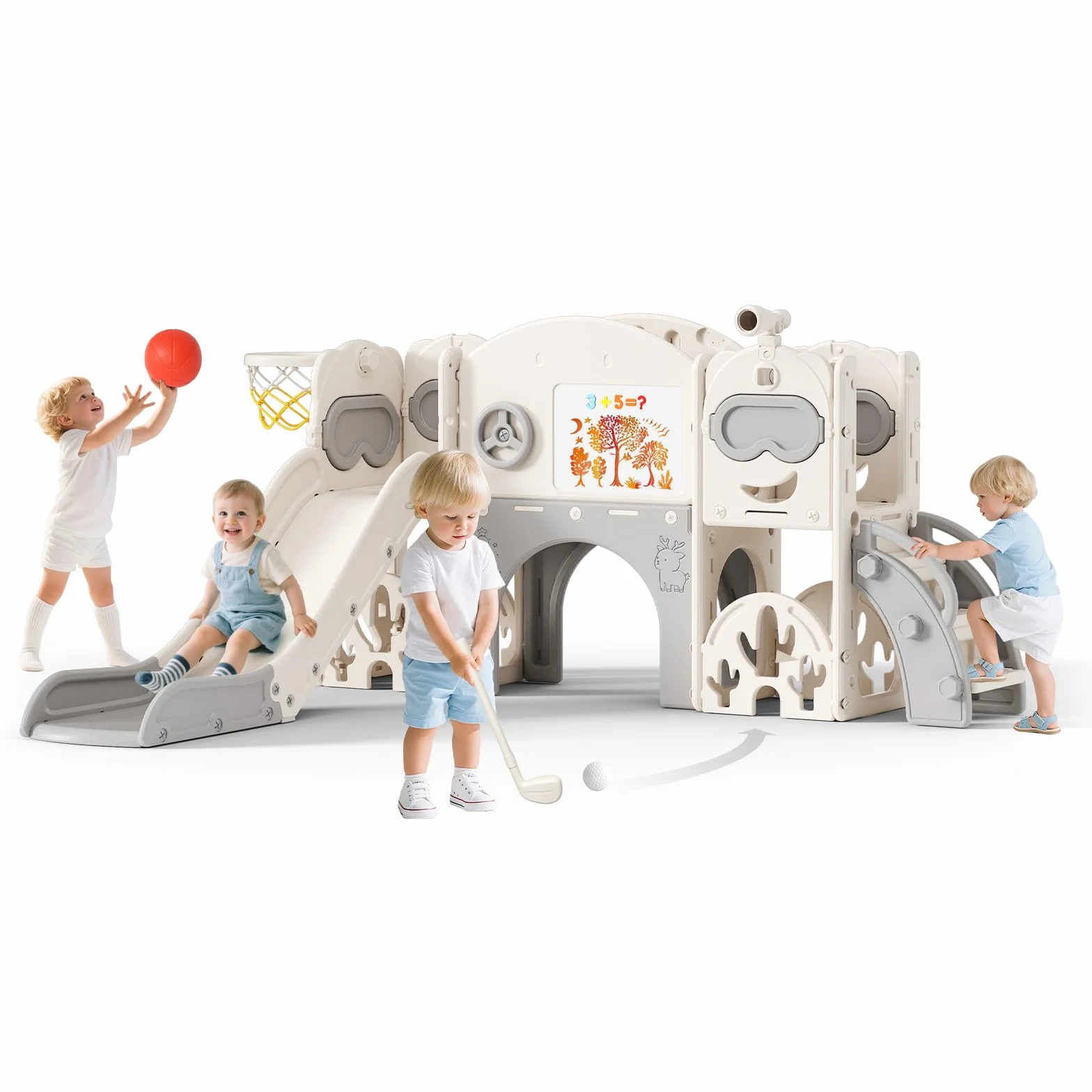 Toboggan 11 en 1 pour tout-petits, toboggan d'intérieur et d'extérieur avec panier de basket, golf, jumelles et espace de rangement, échafaudage sport autoportant pour enfants de 1 à 6 ans (toboggy