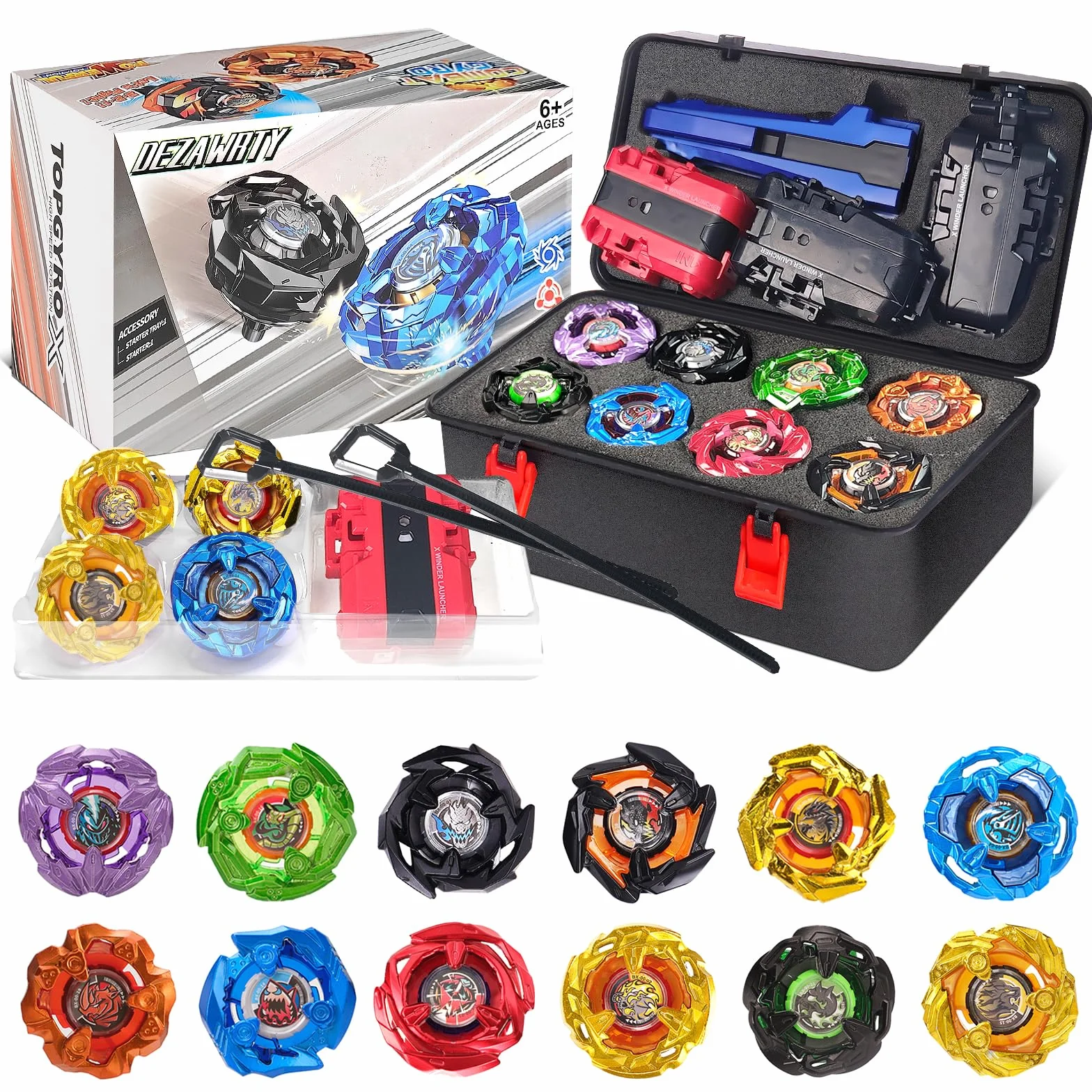 X toupie Battle Set, 12 toupies de Combat 2 lanceurs 1 Cordon Starter avec poignée, avec Poignée, Gryo Spinning Tops avec boîte, Battle avec toupie Enfants, à partir de 6 Ans, Jouets garçons