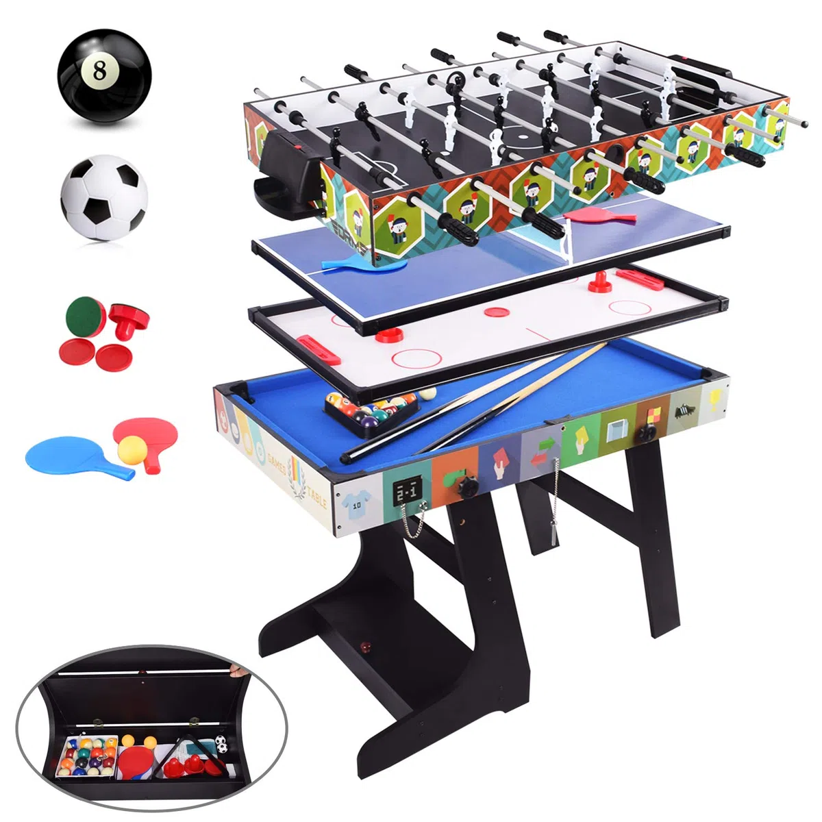 OYE Jeu de table pliable multiradio 4FT - Football baby-foot (footballeur de table)/ping-pon/hockey/table de billard, MDF, 124 x 82 x 61 cm